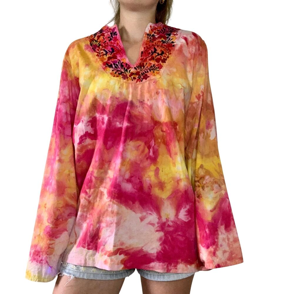 Vintage 70s Hand Dyed Embroidered Boho Blouse Pink Orange Yellow Ice Dye Medium